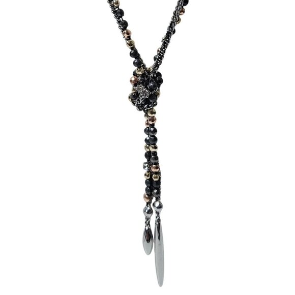 Elegant Black Gold Multicolor Beaded Lariat Necklace Crystal Accents Jewelry - Picture 1 of 6
